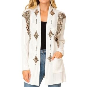 Vintage Focus USA Leopard Applique Cardigan OS Open Front Statement Maximalism